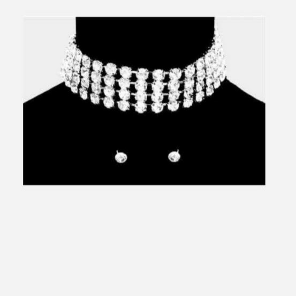 Silver Rhinestone Crystal Choker & Earring Set